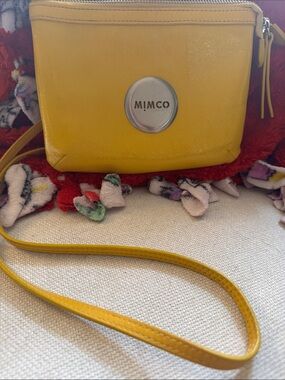 Mimco Yellow Leather Crossbody Purse with Logo Medallion